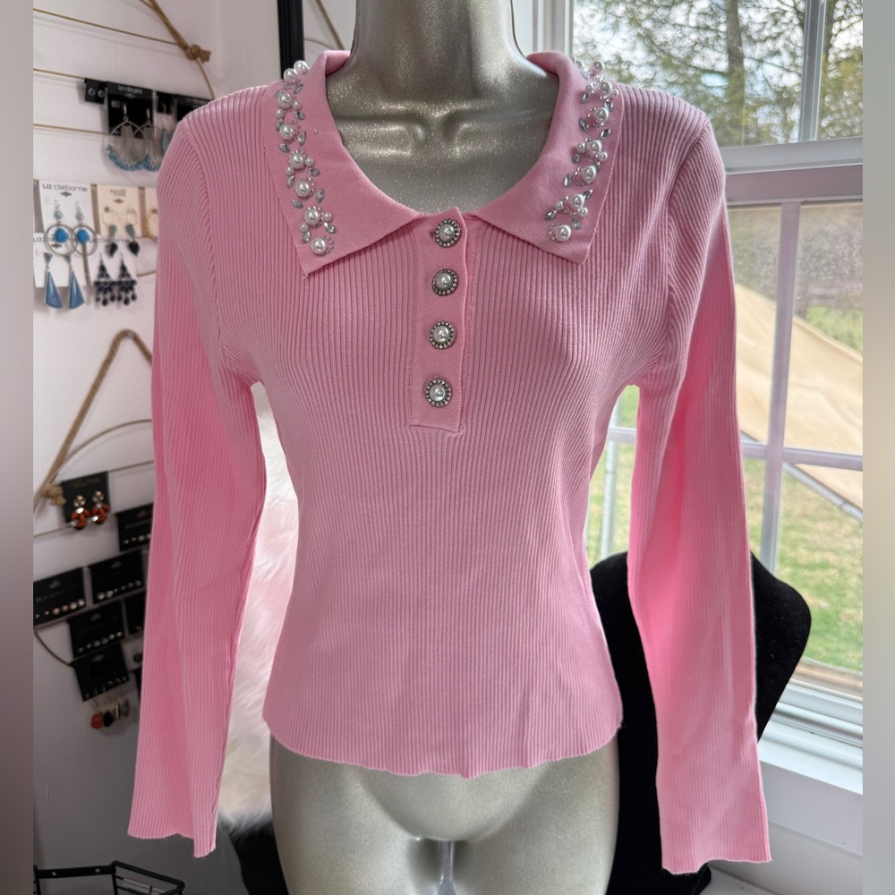 Embellished Pink Ribbed Long-Sleeve Top slim fit small xl